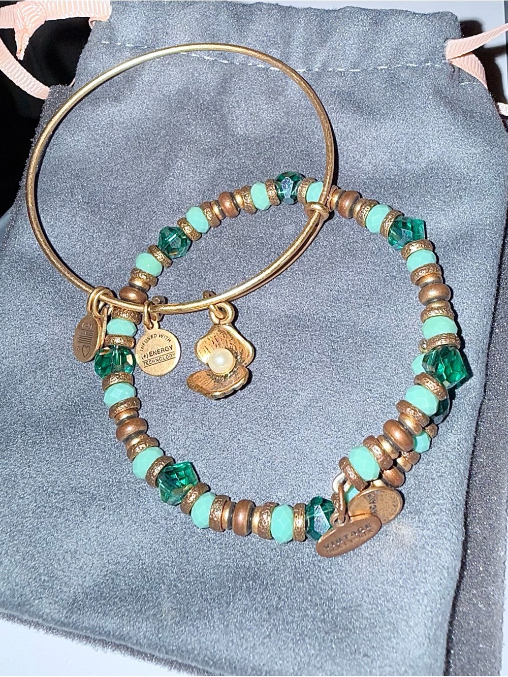 Alex and Ani Gold-Tone Bangle and Teal Beaded Bracelet Set